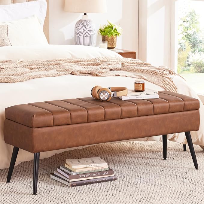 Storage Ottoman Bench Bed, 43.5" Faux Leather Upholstered Entryway Bench, Long Ottoman with Storage for Living Room, Support 660lbs - Retro Brown