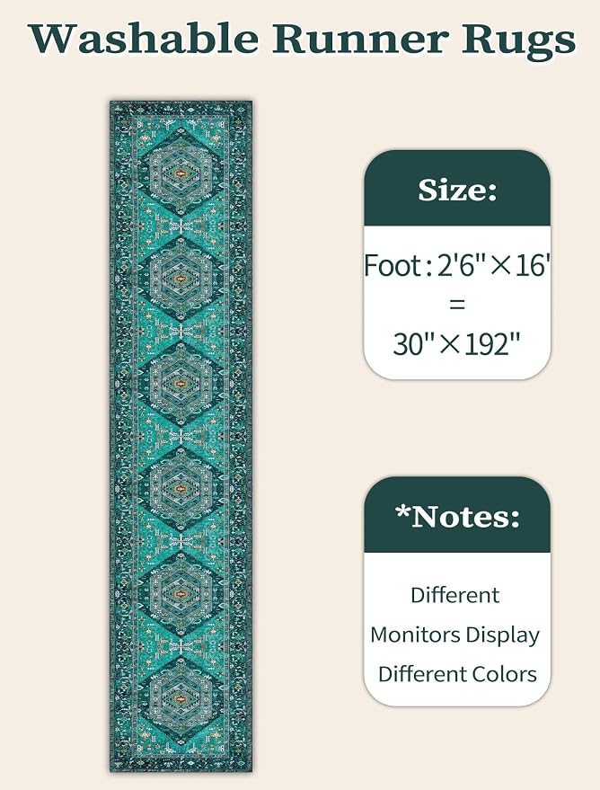 SERISSA Runner Rug for Hallways, 2'6"x16' Washable Non Slip Kitchen Runner Rug, Extra Long Boho Rug Ultra Soft Vintage Teal Print Floor Carpet for Bedroom Hallway Entryway Bathroom Laundry Room