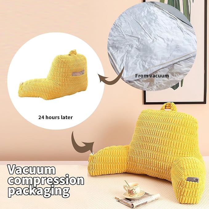 Large Reading Pillow for Sitting Up with Arms,Yellow Corduroy | Back Pillow for Adults Backrest,19" Sitting Pillow Supports Reading,Gaming & Relaxing in Bed,Couch,Floor Corners