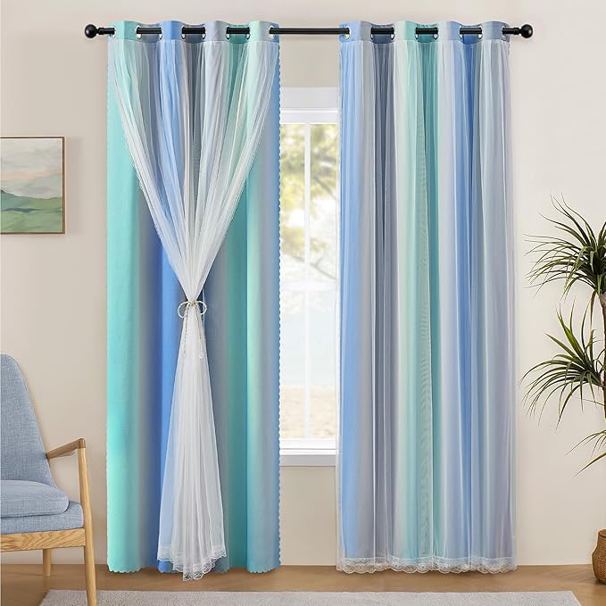 XiDi 100% Blackout Curtains for Girls Bedroom Living Room 96 Inch Length 2 Panels Kids Rainbow Blue Green Grey Mix & Match Double Layer Curtains with Sheer Overlay Grommet Window Drapes 52W x 96L