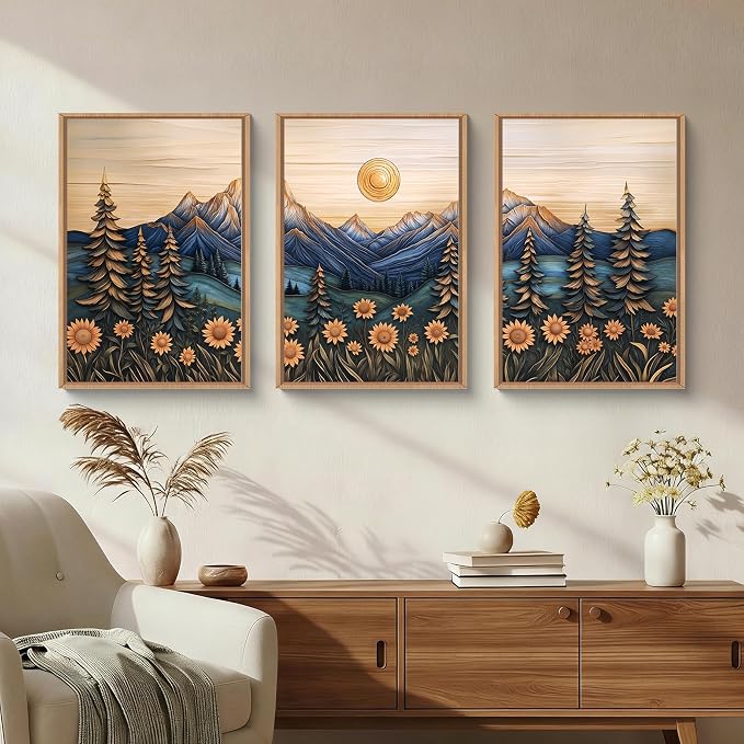 Vintage Woodcut Style Mountain Framed Canvas Wall Art Set, Natural Forest Pine Tree Sunflower Wall Decor,Abstract Sunrise Botanical Landscape Artwork for Living Room,Bedroom,Office-24 x36 x3