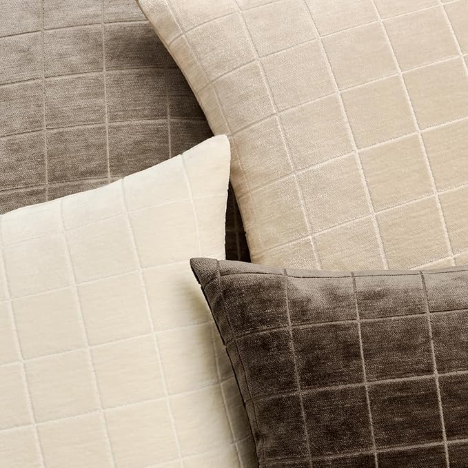 MIULEE Decorative Chenille Check Lumbar Throw Pillow Covers Vintage Plaid Couch Pillows 12x20 Inch Set of 2 Neutral Boho Farmhouse Cushion Covers Modern Home Decor for Sofa Bed Living Room Brown