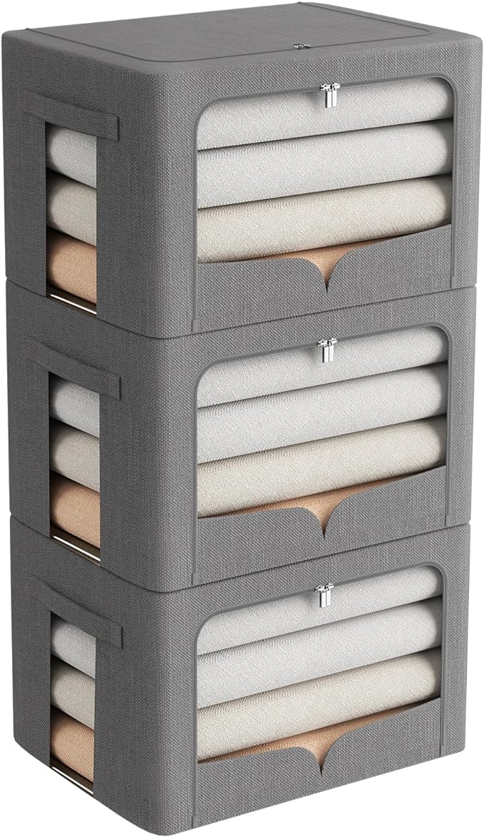 FHSQX 3 Pack Clothes Storage Bins with Metal Frame | Dark Gray, 15.7x11.8x11.8inch (36L) ,Foldable, Stackable Linen Fabric, Carrying Handles, Clear Window