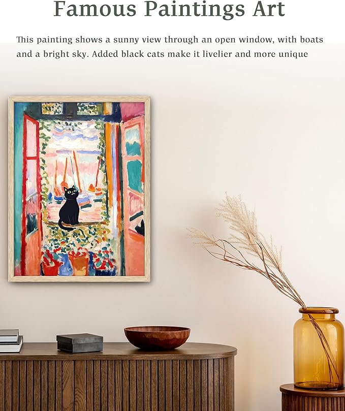 UPWOIGH Matisse Inspired The Open Window Wall Art with Black Cat, Red Window Canvas Print, Beige Oak Wood Framed 12x16 Inch Decor