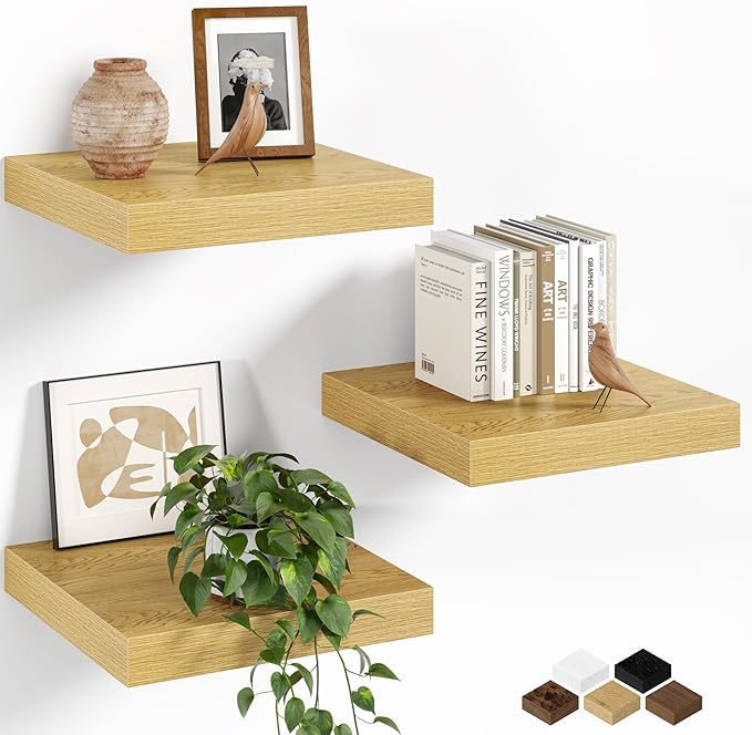Fun Memories Floating Shelves for Wall, 12 Inch Set of 3 Rustic Wood Wall Shelves with Invisible Brackets, Heavy Duty Storage Display for Bathroom Bedroom Living Room Kitchen, Oak