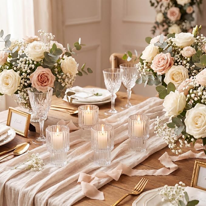 Mumufy 36 Pcs Vertical Stripe Glass Candlestick Holders Clear Small Tapered Candle Holder Bulk for Dining Table Centerpiece Wedding Party Decoration Home Gifts