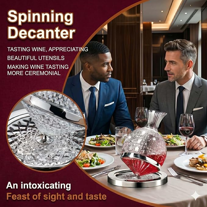 Wine Decanter Set - Spinning Crystal Red Wine Decanter Carafes, Jarler 360° Rotory Hand Blown 1.5L Lead-Free Glass Wine Aerator Quick Wake Up，Wine Gift for Wine Lover, Father day Gift (Silver+Clear)
