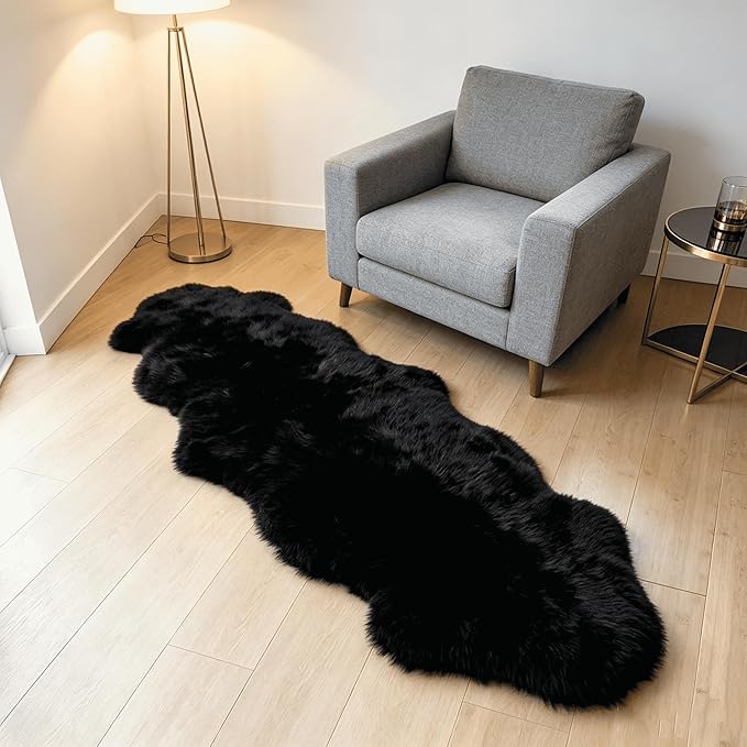 Fluffy Patchwork Sheepskin Rug with Little Patches-Fuzzy Shaggy Fur Genuine Wool Area Carpet for Bedroom Living Room Floor, Pray Pup Mat, Chair Sofa Seat Cover Black 2' x 6'