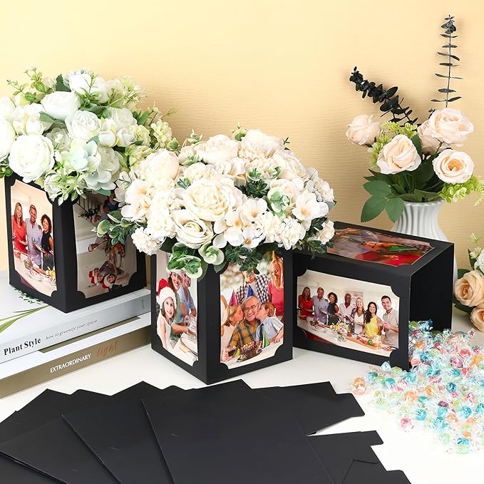 12 Pcs Picture Centerpieces for Table - 6 Inch Photo Display Frame & Hollow Picture Props Box for Congrats Grad Decor, Wedding, Birthday Party Table Decoration (Black)