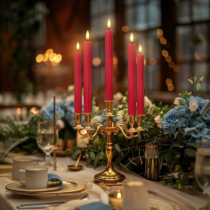 12 Pack, 10" LED Flameless Real Wax Red Fluted Ribbed Grooved Taper Candles, Remote & 24h Timer Memory, On/Off Button, Dimmable, Flicker Mode, Battery Operated, Wedding