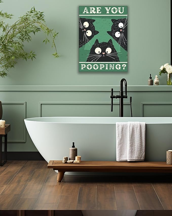 UPWOIGH Funny Are You Pooping Black Cat Bathroom Wall Art, 3 Cats Humor Quote Poster, Green Background Bathroom Decor, Wood Framed Canvas 12x16 Inch