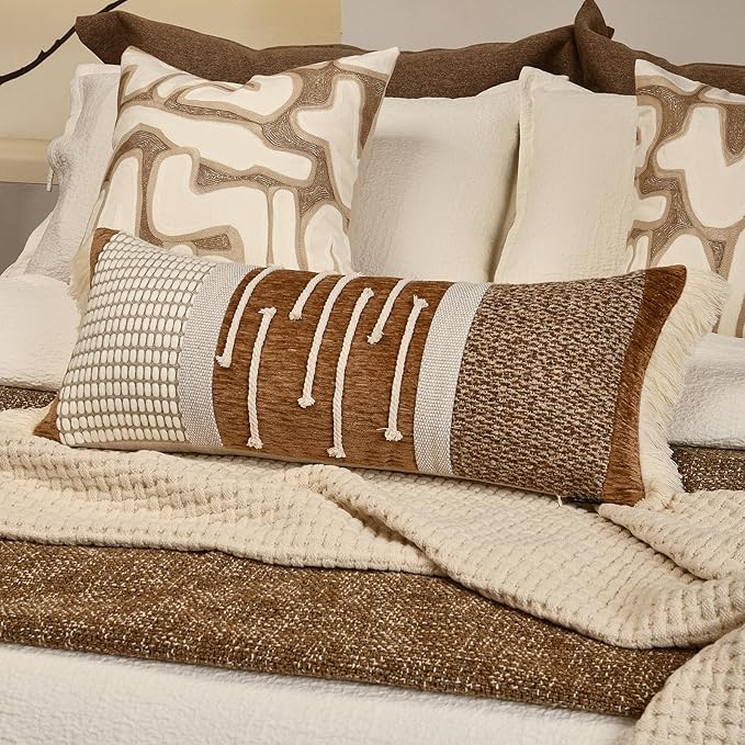 Decorative Lumbar Pillow Cover 12x28, Handwoven Boho Long Body Pillow for Bed Farmhouse Lumbar Throw Pillow, Cotton Linen Tassel Cushion Case for Sofa, Living Room, Bedroom(Light Brown)