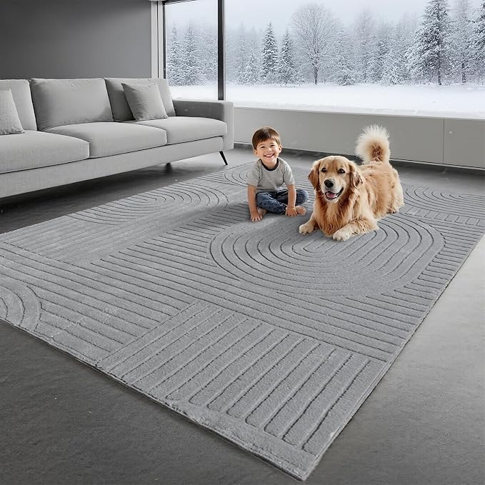 Grey Solid Area Rug 8x10 – Large Washable Soft Indoor Rugs for Living Room Bedroom, Modern Geometric Bohemian Pattern High-Low Pile Textured Carpet for House Apartment, Home Office Decor
