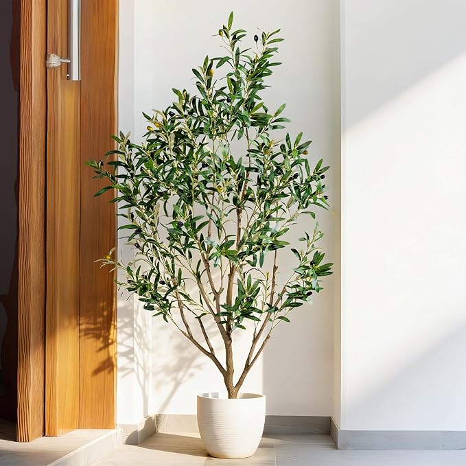 5FT Artificial Olive Tree with Realistic Leaves & Natural Trunk, Faux Silk Olive Plant in White Planter, Tall Fake Tree for Modern Home Office Living Room Entryway Corner Decor, Maintenance Free