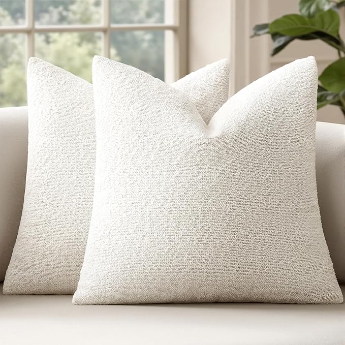 MIULEE 24x24 Inch Decorative Euro Sham Pillow Covers for Couch Bed Set of 2 Textured Boucle Neutral Throw Pillow Covers Cream White Accent Solid Pillowcases Sofa Living Room Home Decor