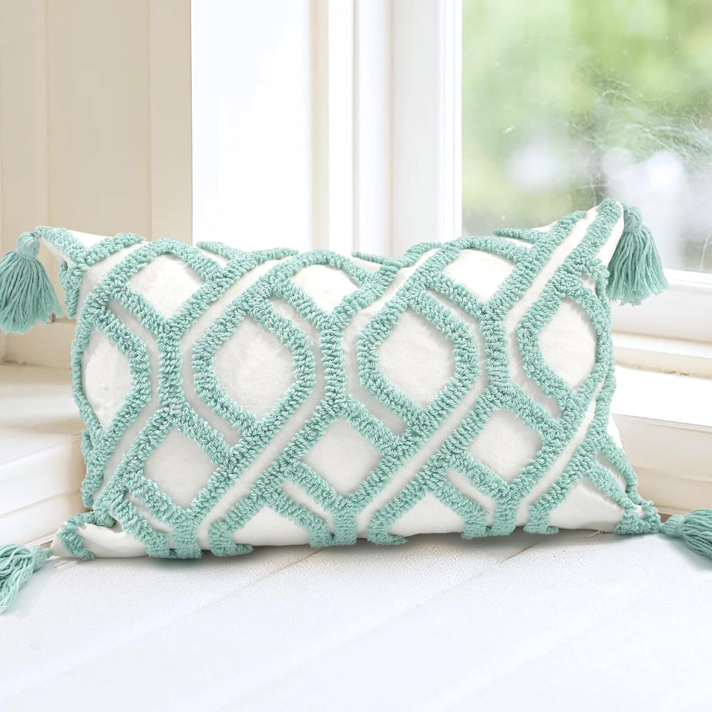 Boho Pillow Covers 12X20 Inch Boho Tufted Throw Pillow Covers Decorative Tassels Cushion Cover Farmhouse Pillow Case for Couch Sofa Bed Living Room Bedroom, Aqua Green
