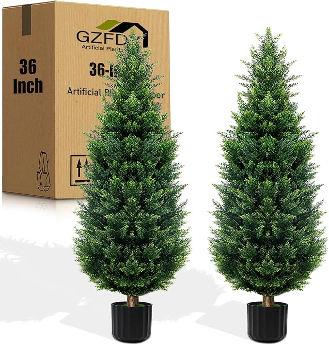 36-inch Artificial Cypress (2 Packs) - UV-Resistant Artificial Shrub with Pot, Suitable for Outdoor and Indoor use, Front Porch, Garden Decoration