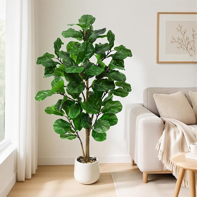 Faux Fiddle Leaf Fig Tree 5ft Tall Indoor Fake Tree in White Pot with 70 Leaves Artificial Ficus Lyrata House Plant for Indoor Home Office Bedroom Living Room Decor Perfect Housewarming Gift