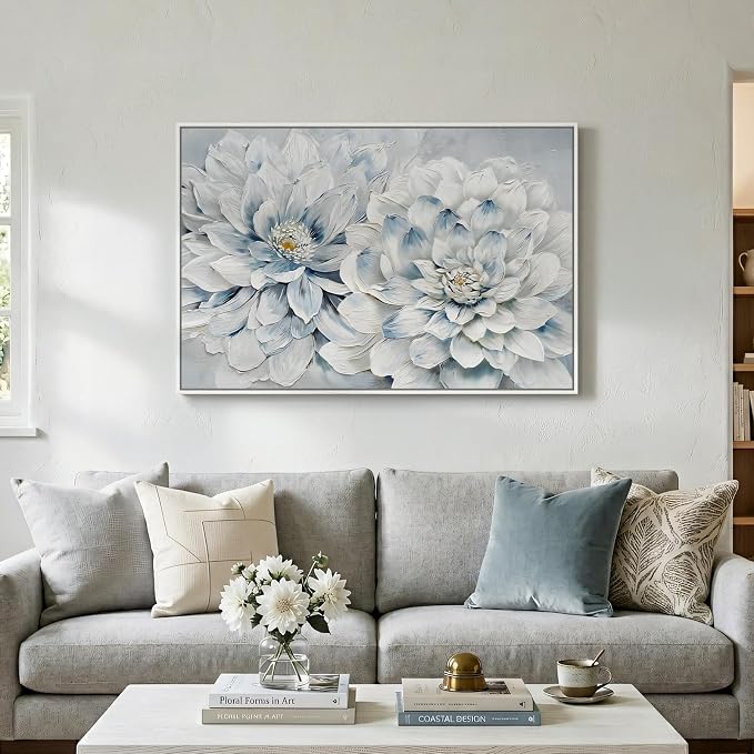 Framed Floral Wall Art, Modern Botanical Canvas Prints Artwork for Walls, Natural Pastel Watercolor Blue and White Elegant Flower Pictures for Living Room Bedroom Dining Room Wall Decor, 24x36 Inch