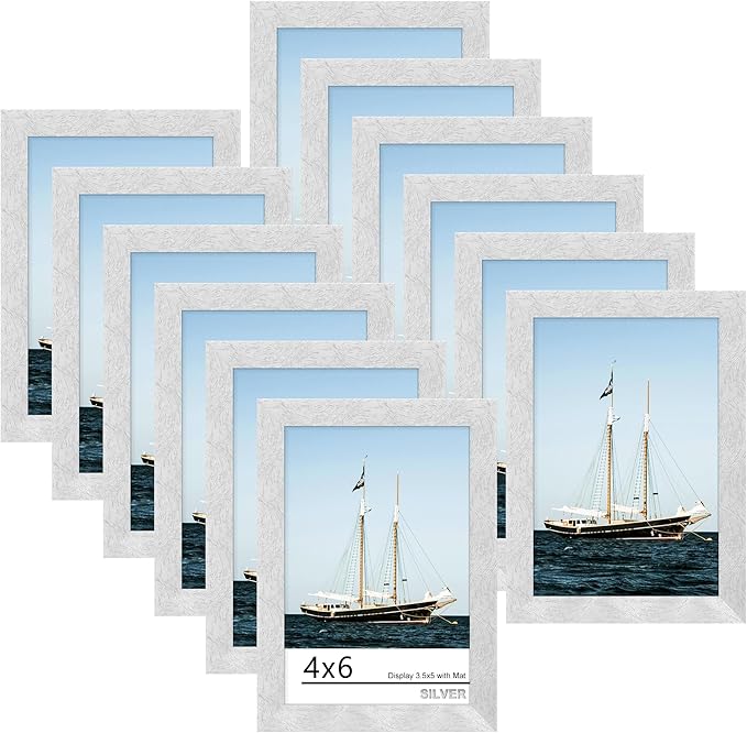 Picrit 4x6 Picture Frame Set of 12, Display 3.5x5 with Mat or 4x6 without Mat, Photo Frames for Wall Mounting or Table Top Display, Silver