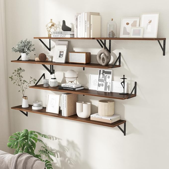 Acovy Floating Shelves for Wall,48" Wx8 D Wood Wall Shelves,Hanging Storage Floating Shelf with Metal Brackets,Wide Floating Bookshelf for Living Room,Office,Bedroom,Bathroom,Set of 2,Walnut