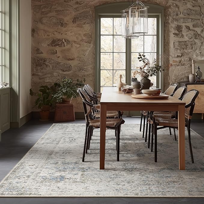 Machine Washable Rugs for Living Room: 8x10 Area Rugs for Bedroom Ultra Soft Non-Slip Low Pile Vintage Distress Boho Large Carpet for High-Traffic Dining Room - Farmhouse Decor