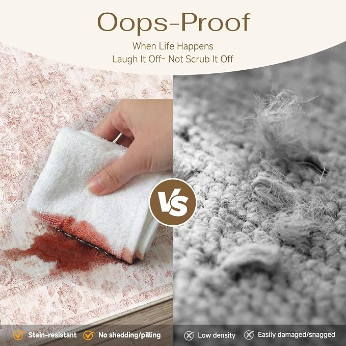 3x5 Washable Neutral Area Rug Pink Vintage Entryway Office Carpet Non-Slip Soft Low Pile Farmhouse Throw Rug for Entrance Living Room Bathroom Dining Room
