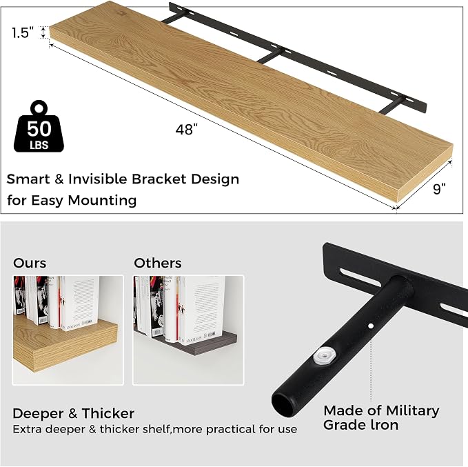 Venusmiles 48" Wide x 9" Deep Floating Shelves for Wall, Oak Finish, 2-Pack | Engineered Wood Wall Shelves with Invisible Brackets for Living Room, Bedroom, Bathroom, Office & Kitchen Storage