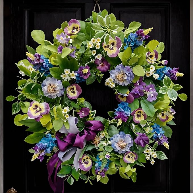 Spring Summer Wreaths for Front Door 24 Inch, Outdoor Summer Wreath with Pansy, Hydrangea & Floral Accents, Spring Wreath for Front Door Outside, Summer Wreaths Front Door for Home Decor