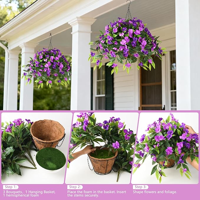 Hommyea Artificial Fake Hanging Flowers Plants Basket for Outdoors Outside Decoration UV Resistant Faux Silk Flowers Look Real Plastic Flowers for Spring Planters Home Porch Patio Garden Decor(purple)