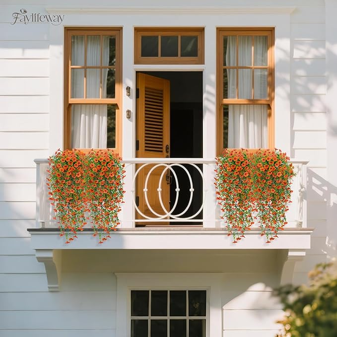 Artificial Hanging Flowers for Outdoors Fall Decoration, 4PCS UV Resistant Faux Silk Hanging Plants for Outside, Garden, Porch, Window, Home Decor (Orange, 4PCS)