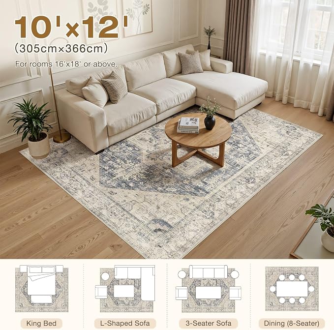 10x12 Area Rugs for Living Room - Large Carpet Ultra Thin Soft Washable Oriental Vintage Floral Distressed Big Indoor Carpets for Bedroom Nursery Dorm Home Decor Aesthetic - Blue Beige
