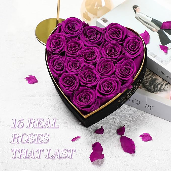 Casaido Preserved Roses Flowers for Delivery 16 Pcs, Mothers Day Rose Gifts for Her, Forever Flores in Heart Box with Necklace, Anniversary Birthday Christmas Vanlentines Gift for Wife Mom, Purple