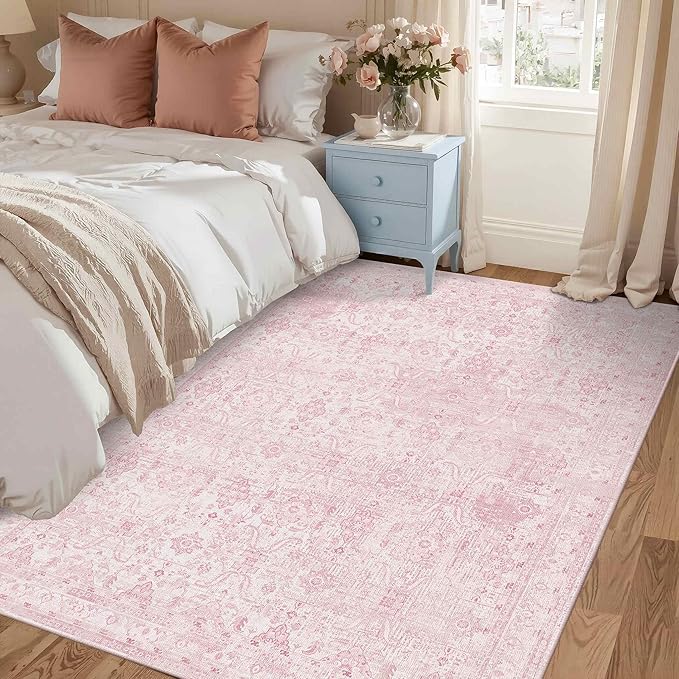 Rugxara 3x5 Rug for Entryway Bedroom, Pink 3x5 Washable Area Rug, Vintage Retro Boho Throw Rug, Non Slip & Low Pile Small Carpet for Indoor Entry, Kitchen, Bedside, Living Room, Bathroom and Dining