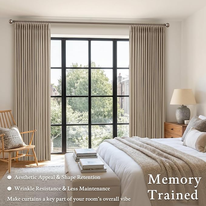 Pleated Linen Curtains 86 Inches Long Camel Tan Neutral Light Filtering Memory Training Linen Blend Drapes for Living Dining Room Grey Beige Modern Pinch Pleat Curtain with Hooks Rings 50x86