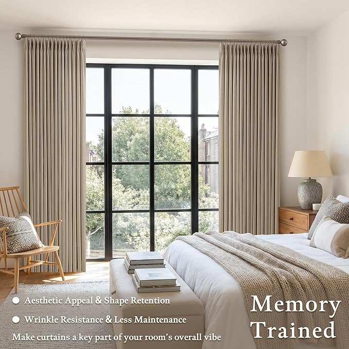 Camel Tan Pinch Pleated Linen Curtains 105 Inch Length for Living Dining Room Neutral Country Memory Training Light Filtering Back Tab Pleat Curtain Light Brown Window Drapes for Sliding Door 2 Panels