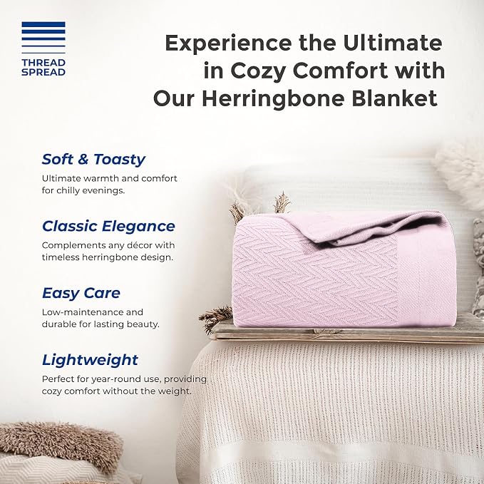 THREAD SPREAD Organic GOTS Cotton Blanket, Full/Queen - 350 GSM, Antistatic, Fuzzy Soft, Lightweight, Sofa, Camping & Travel, Perfect Herringbone All Seasons Throw, Blush + Stylish Bonus Tote Bag