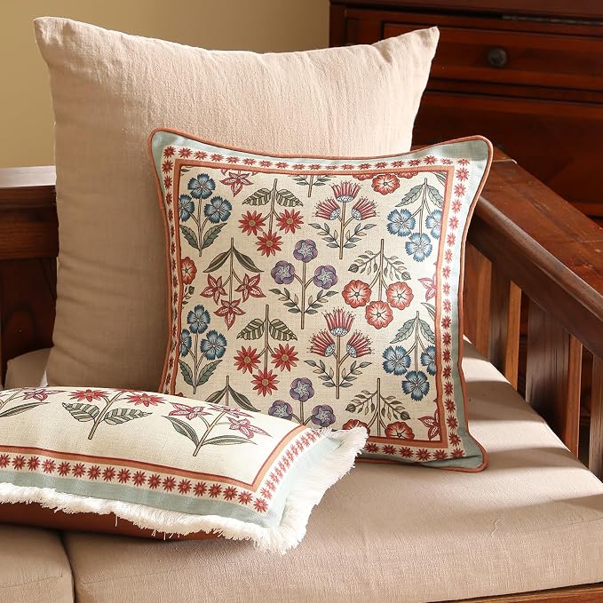 bilin gaier Designer Square Linen Throw Pillow Cover,18"x18"-Lohi A | Vintage Elegant Pillow Cover,Concealed Zipper Design,Colorful Floral Pattern,Sofas,Bedroom,Living Room,Lounge Chairs
