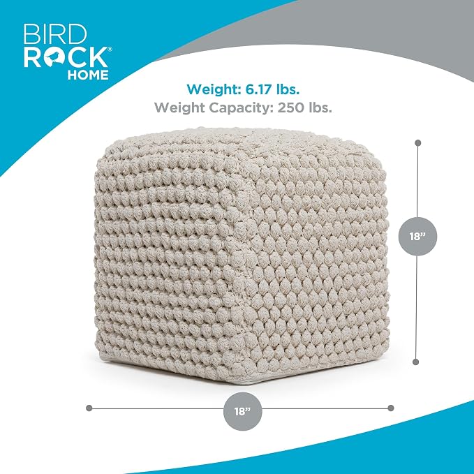 BIRDROCK HOME Square Pouf Ottoman Foot Rest - 18” Compact Comfortable Soft Cotton Knit Bean Bag Floor - Chair Foot Stool Seat for Living Room, Bedroom, or Kids Room (Natural Bud)