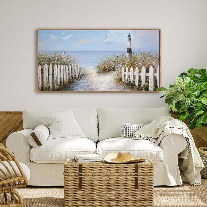 Ocean Wall Art for Living Room - Coastal Canvas Artwork for Walls, Vintage Landscape with Lighthouse, Farmhouse Beach Pictures, Framed Bedroom Wall Decor 20×40IN