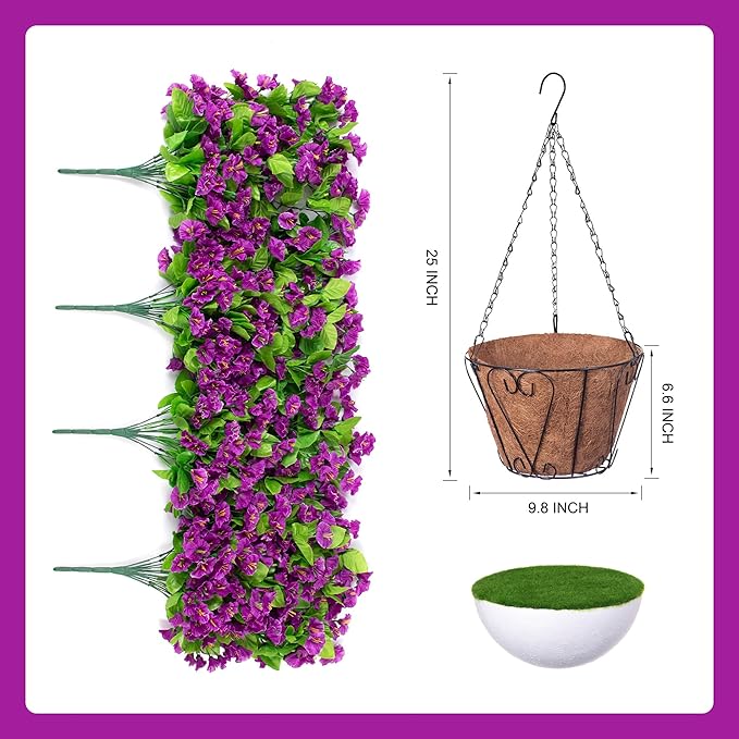 Ammyoo Artificial Faux Hanging Flowers Basket for Spring Summer Outdoor Porch Decor, Fake Silk Colorful Morning Glory Eucalyptus in Planter UV Resistant Look Real for Home Balcony Yard(Darkorchid)