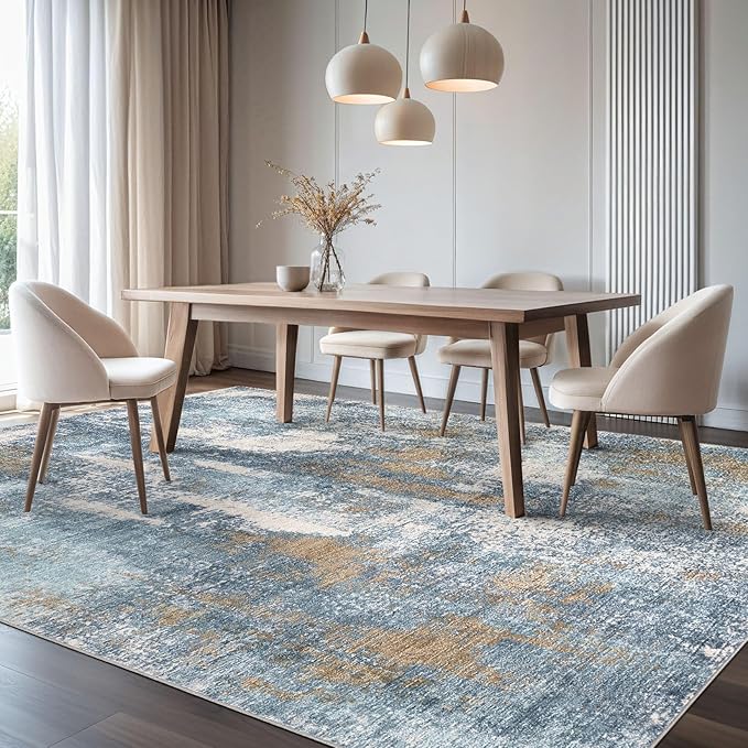 DMOYEST Area Rug Living Room Rugs - 8x10 Washable Large Soft Indoor Neutral Modern Abstract Low Pile Rug Carpet for Bedroom Dining Room Farmhouse Home Office - Blue Brown