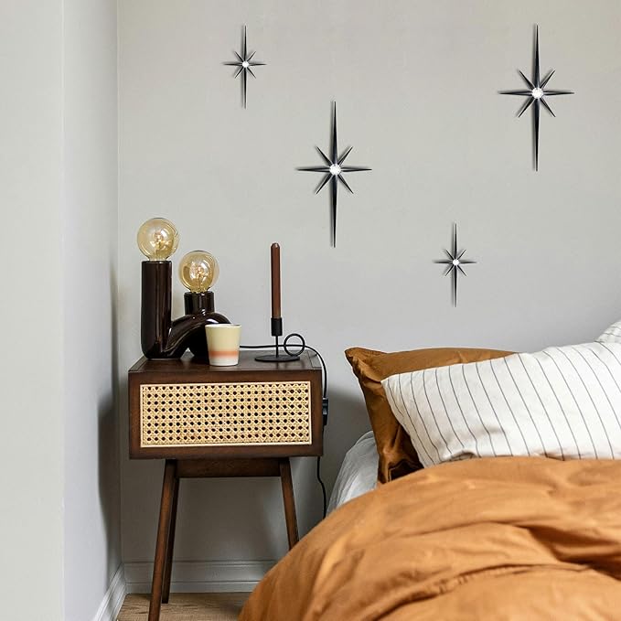4 Pack Metal Star Wall Art 8 Pointed Starburst Wall Decor Set with 2 Large & 2 Small Pieces Mid Century Celestial Metal Wall Sculpture for Bedroom Living Room Office Gallery Wall