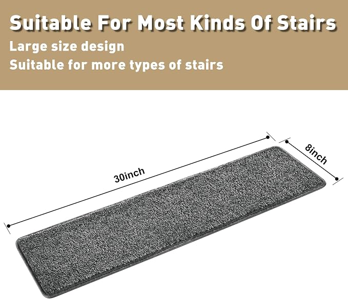 PURE ERA Carpet Stair Treads Tape Free Non Slip Indoor Stair Carpet Stair Protectors Pet-Friendly Non-Slip Skid Resistant Washable Reusable 8" x 30"(7 Pieces,Dark Gray)