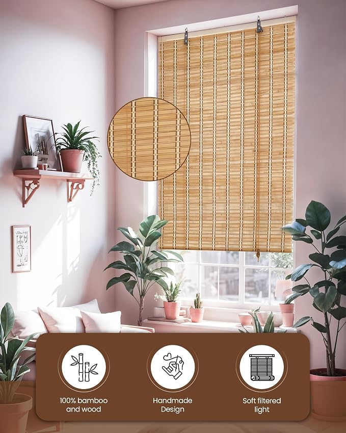 24" Wx72 H Bamboo Blinds Roller Shades for Indoor Windows, Blackout Bamboo Curtain Roll Up wiht Cord, Privacy Roman Shade for Interior/Exterior Windows, Mounting Hardware Included