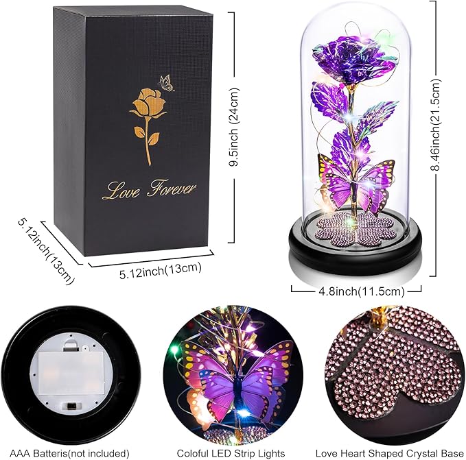 Mothers Day Mom Gifts for Mom Women Birthday Gift Galaxy Glass Rose in Glass Dome Forever Eternal Crystal Flowers with Butterfly Mother's Day Flower Gifts for Women Wife Grandma Daughter Sister Purple