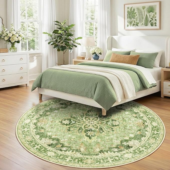 RELEANY Area Rugs 8ft Washable Non-Slip, Floral Vintage Distress Print Pattern Medallion Carpet for Living Room Bedroom Dining Room, Sage Green Yellow