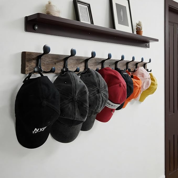 WEBI Coat Rack Wall Mount,36" Solid Wood Coat Hooks Wall Mounted Coat Hanger,16" Hole to Hole,Heavy Duty Hook Rack Rail,6 Triple Hooks for Hanging Coats,Jacket,Clothes,Hat,Weathered Brown,2 Packs
