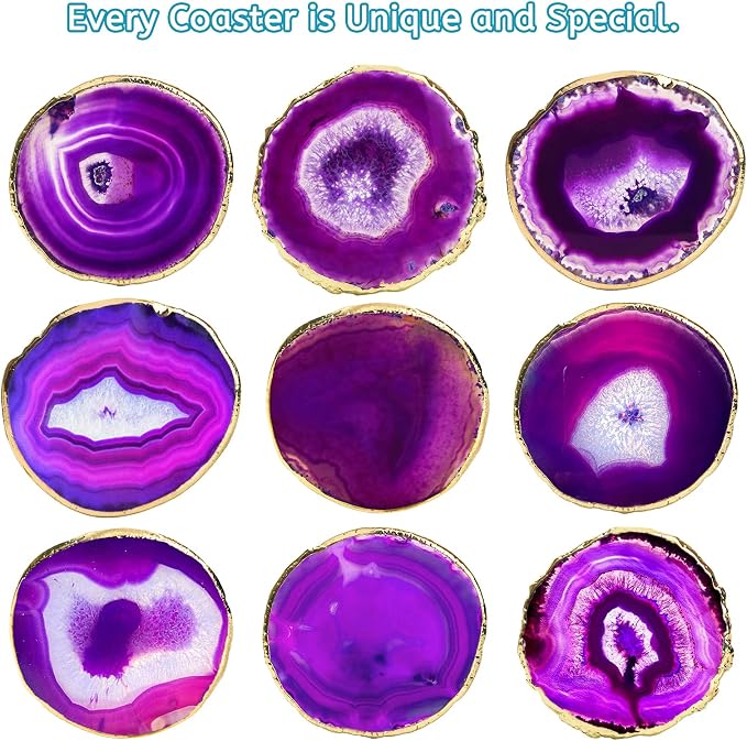 Luxiv Agate Coasters Set of 4 Crystal Drink Coasters with Gift Box (Purple) | Set Of 4 Natural Purple Agate Coasters, 3-4 Inch Crystal Stone With Gold Edge, Gift Box Included For Home Drink And Decor