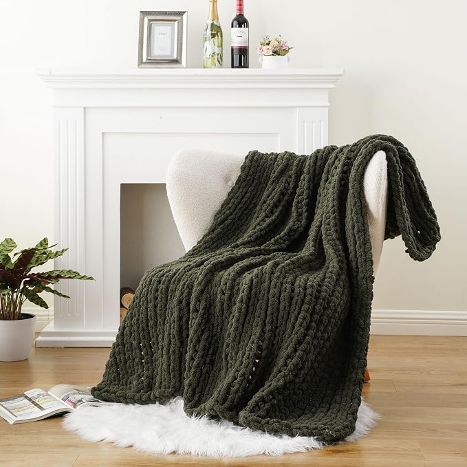 Battilo Olive Green Chunky Knit Throw Blanket, Soft and Thick Green Chenille Throw Blanket, 50"x60" Handmade Cable Knit Crochet Blanket, Rope Knot Knitted Throw Blankets for Couch Sofa Home Decor